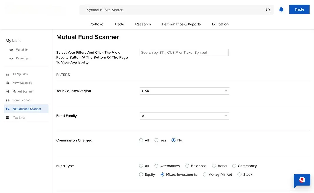 Mutual fund search interface